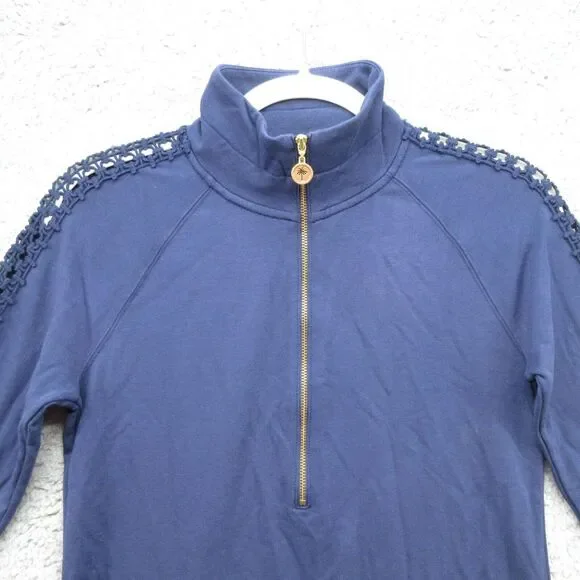 Lilly Pulitzer Skipper Solid Popover Dress XS Navy Crochet Long‎ Sleeve 1/4 Zip - Picture 7 of 13